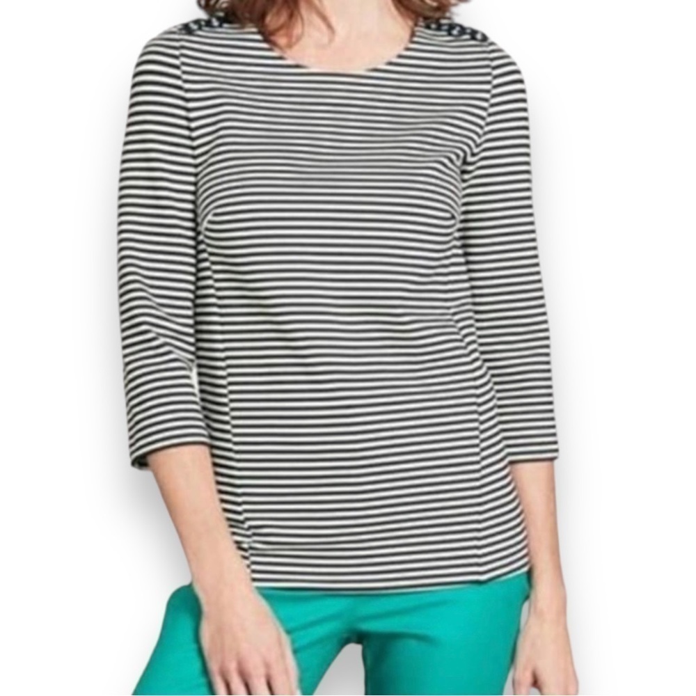 Boden Evie Ponte Knit Top Striped Anchor Buttons Navy Nautical Preppy US 6 WO146